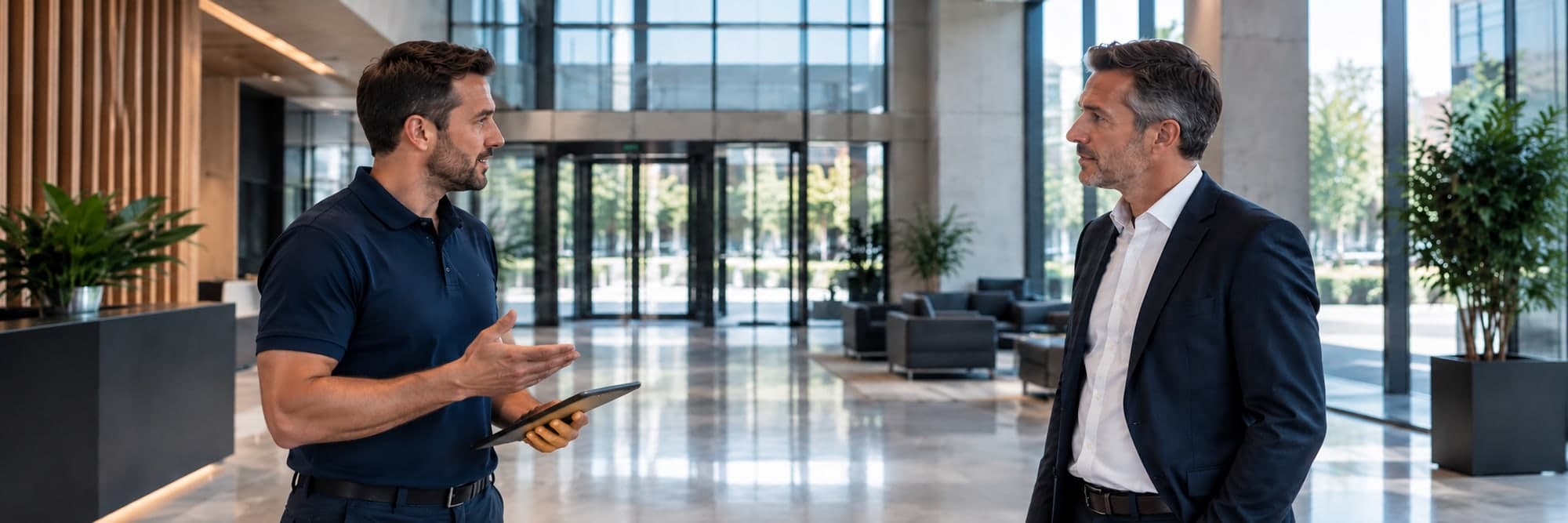Un responsable Avenion échangeant avec un client dans un hall d'immeuble